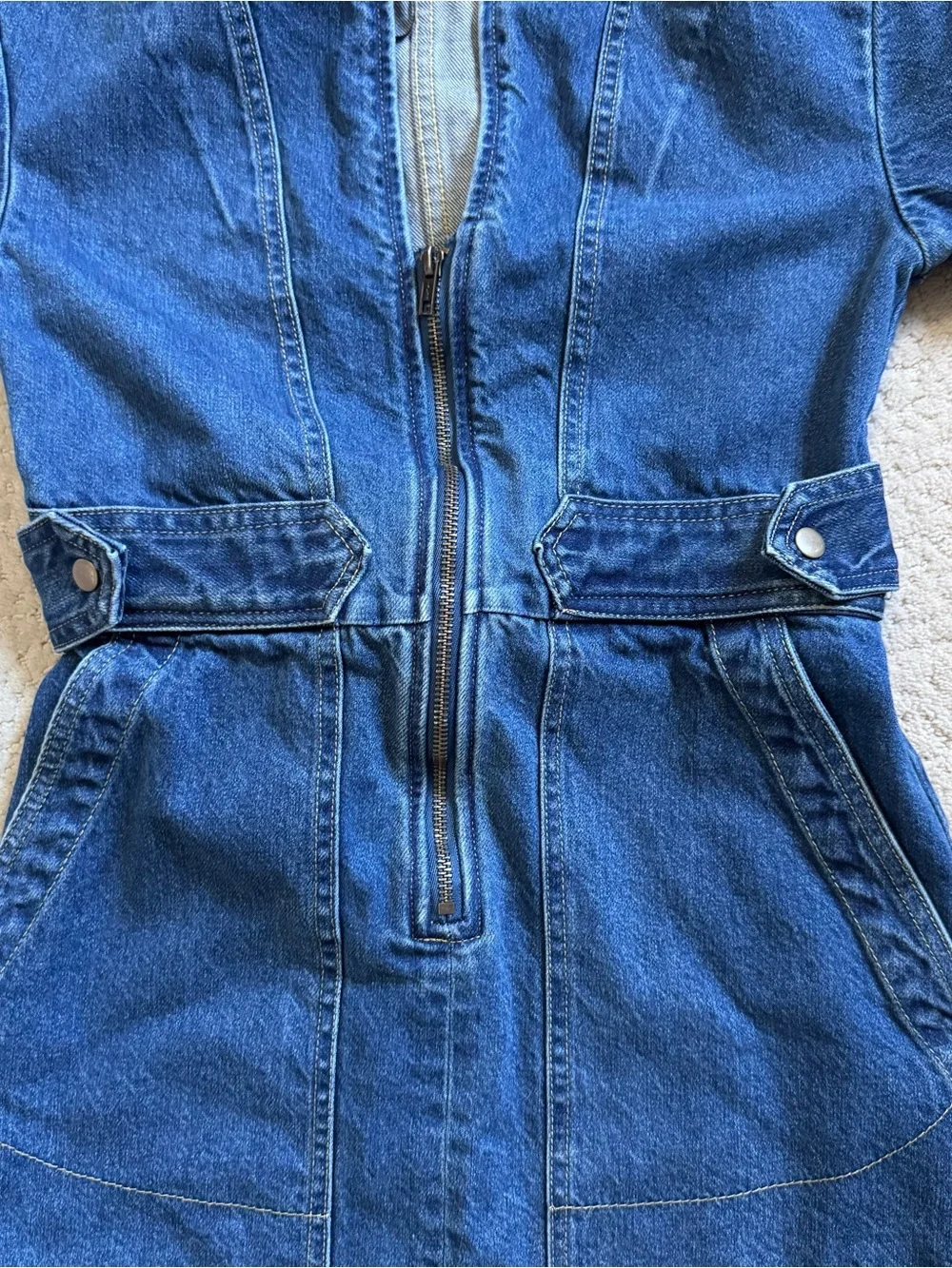 Free People Dream On Mini Denim Jean Dress Zip Front Short Sleeve XS
